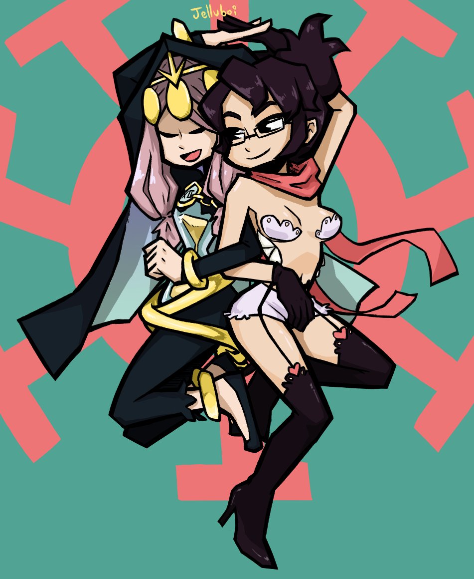 2girls aeon_(skullgirls) anklet boots bracelet brown_hair closed_eyes glasses hood hourglass jelluboi jewelry locked_arms monster_girl multiple_girls open_mouth pasties pink_hair scarf siblings sisters skullgirls smile thigh_boots thighhighs tiara twintails underwear underwear_only venus_(skullgirls)