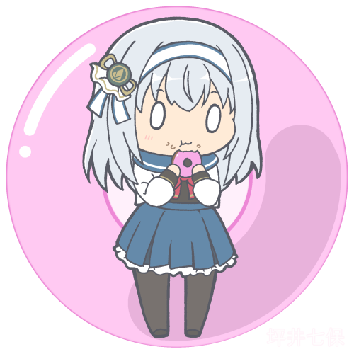 0_0 1girl :t assault_lily black_pantyhose black_shirt black_shoes blue_hairband blue_ribbon blue_sailor_collar blue_skirt bow bowtie chibi closed_mouth commentary_request donut donut_background eating food food-themed_background food_bite food_on_face frilled_skirt frills full_body grey_hair hair_ribbon hairband hands_up herensuge_girls_academy_school_uniform high-waist_skirt holding holding_donut holding_food light_blush long_hair long_sleeves looking_ahead lowres masaki_itsuki miniskirt pantyhose pink_background pleated_skirt red_bow red_bowtie ribbon round_image sailor_collar school_uniform serafuku shirt shoes skirt solo standing transparent_background tsuboi_nanaho two-tone_hairband two-tone_ribbon white_hairband white_ribbon white_shirt