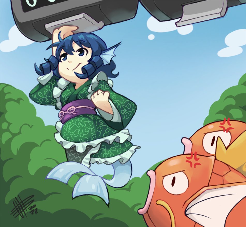 1girl anger_vein blue_hair cloud cloudy_sky double_dealing_character drill_hair drill_sidelocks fins fish frilled_kimono frills gen_1_pokemon grass_root_youkai_network green_kimono head_fins japanese_clothes kimono kneeless_mermaid looking_up magikarp mateus_upd mermaid monster_girl nintendo obi obijime pokemon pokemon_(creature) pokemon_stadium sash sidelocks signature sky smile tally_counter touhou tree wakasagihime