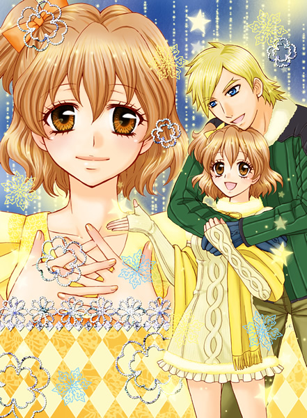 00s 1boy 1girl argyle_background argyle_clothes bad_id bad_pixiv_id blonde_hair blue_eyes bow brown_eyes brown_hair dress dual_persona eyelashes fresh_precure! ginban_kobako hair_ribbon hetero hug hug_from_behind nishi_hayato pants precure ribbon scarf short_hair side_ponytail skirt smile sweater wester wester_(fresh_precure!) yamabuki_inori yellow_dress yellow_skirt