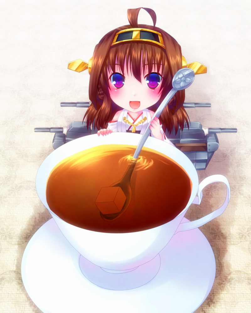 10s 1girl ahoge bad_id bad_pixiv_id brown_hair cup detached_sleeves door_to_heaven female_focus hairband japanese_clothes kantai_collection kongou_(kancolle) long_hair looking_at_viewer machinery mini_person minigirl nontraditional_miko open_mouth purple_eyes ship_turret solo spoon sugar_cube tea teacup wide_sleeves