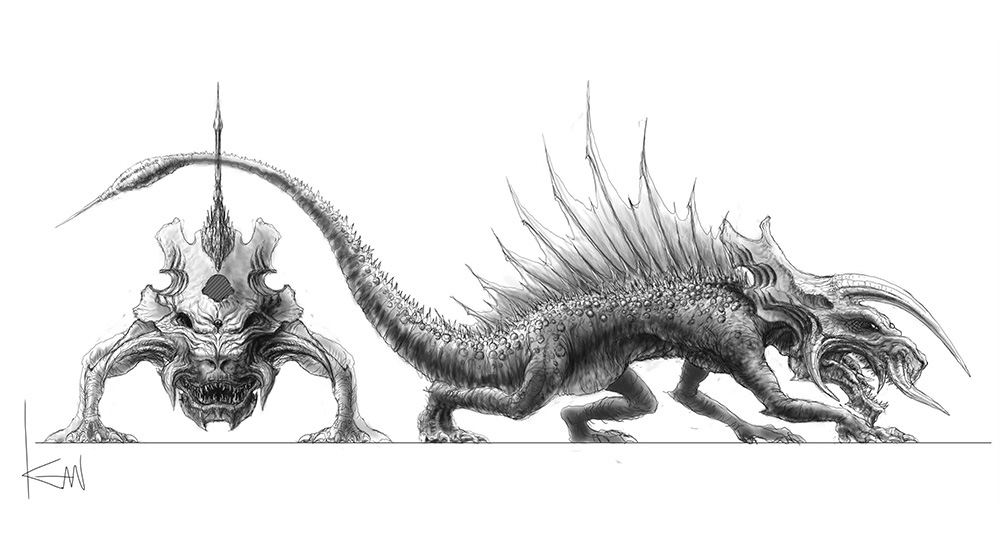 all_fours claws concept_art emaciated engi_(animation_studio) fins full_body gamera_(series) gamera_-rebirth- giant giant_monster horns jiger kadokawa kaiju monochrome monster no_humans official_art promotional_art side_profile signature sketch stinger tail takahama_kan teeth tusks