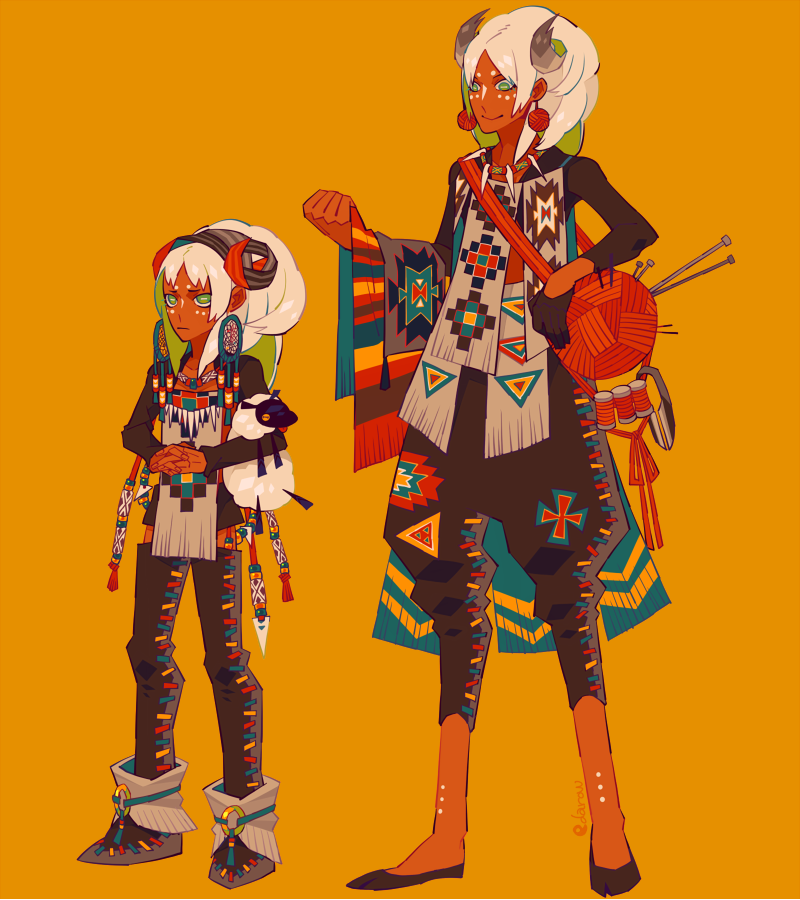2boys blonde_hair brown_pants child colored_inner_hair commentary_request dark-skinned_male dark_skin edarow full_body green_eyes green_hair hair_horns horizontal_pupils knitting_needle male_focus multicolored_hair multiple_boys native_american needle original pants puffy_pants sheep_boy simple_background standing yarn yarn_ball yellow_background