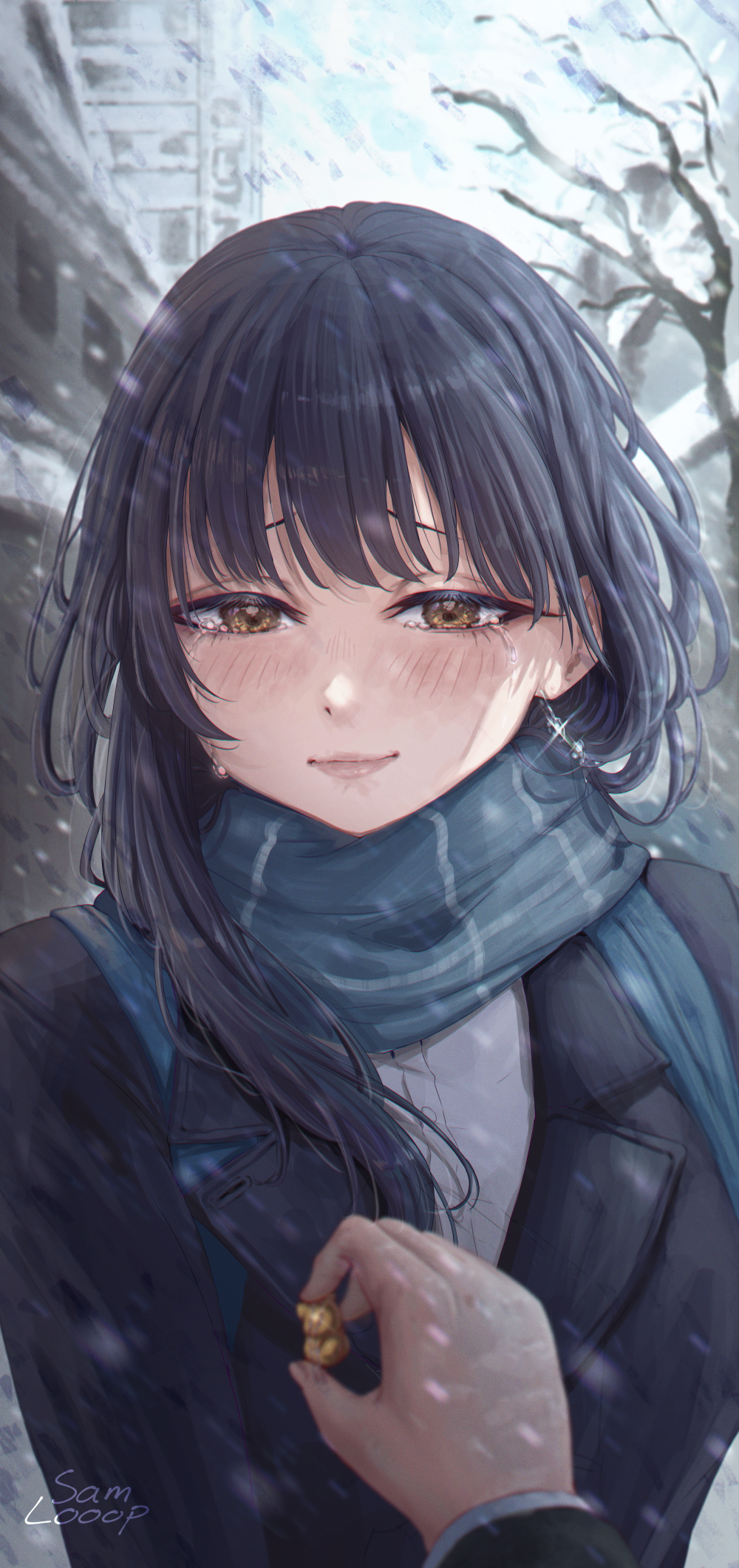 1boy 1girl artist_name black_hair black_jacket blush boku_no_kokoro_no_yabai_yatsu brown_eyes closed_mouth green_scarf highres holding ichikawa_kyoutarou jacket lips long_hair looking_at_viewer outdoors pov pov_hands samlooop scarf snowing solo_focus tearing_up tears upper_body wind yamada_anna