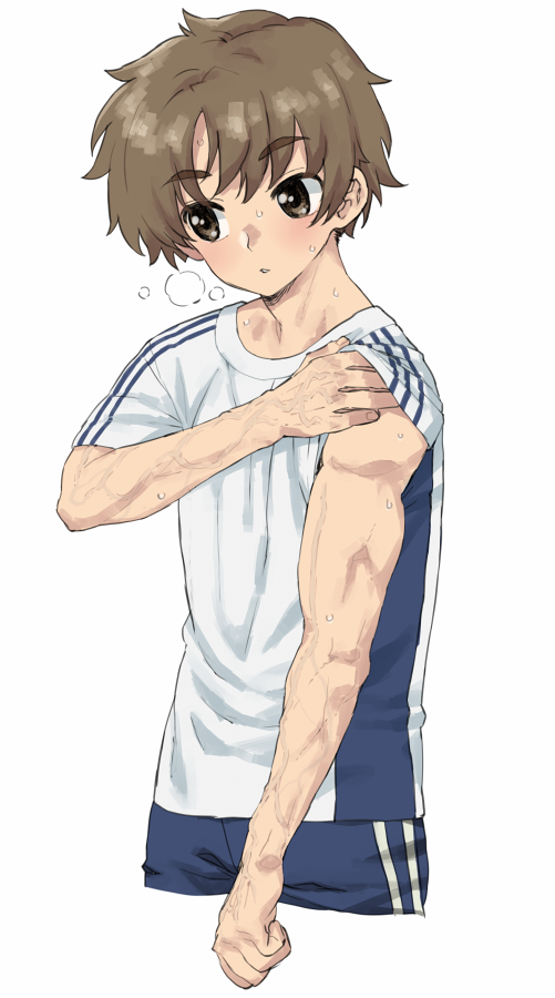 1boy blush brown_eyes brown_hair cardcaptor_sakura li_syaoran looking_to_the_side male_focus muscular muscular_male shirt solo sweat veins veiny_arms wakaho_riku