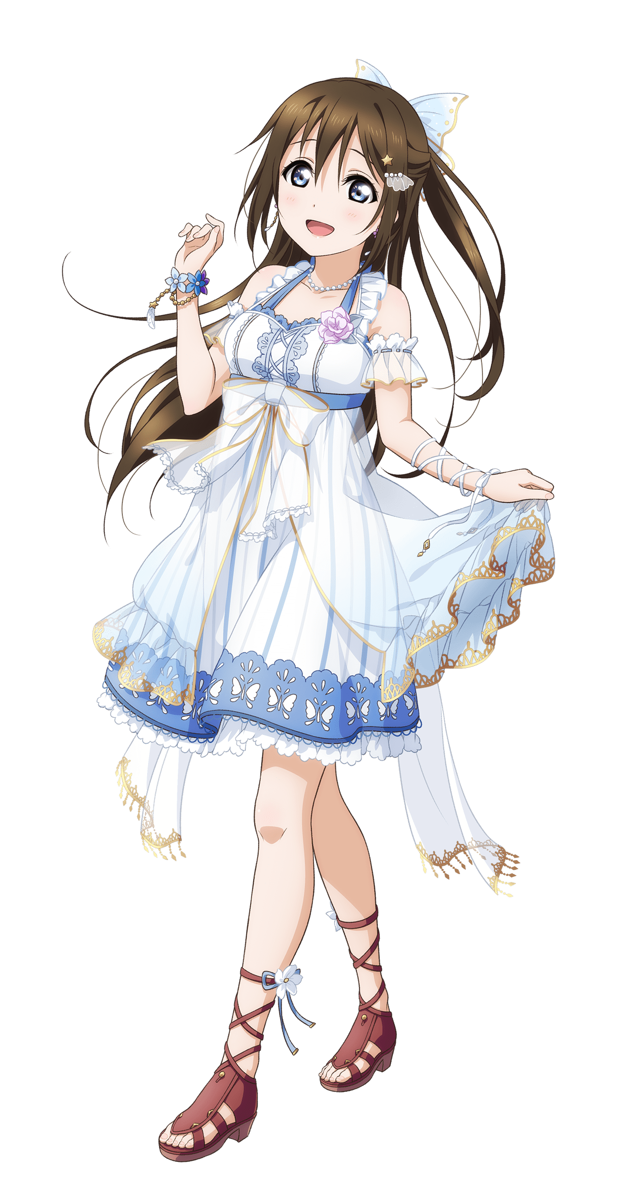 1girl :d absurdres anata_no_risou_no_heroine bare_shoulders bead_necklace beads blue_eyes blush boots bow breasts brown_boots brown_hair collarbone dress frilled_dress frills full_body hair_between_eyes hair_bow half_updo highres jewelry long_hair looking_at_viewer love_live! love_live!_nijigasaki_high_school_idol_club love_live!_school_idol_festival_all_stars medium_breasts medium_dress necklace official_alternate_costume official_art open-toe_boots open_mouth osaka_shizuku pinstripe_dress pinstripe_pattern see-through_dress_layer sidelocks simple_background sleeveless sleeveless_dress smile solo transparent_background walking white_dress