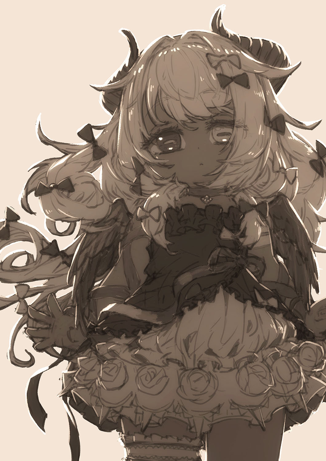 1girl alternate_costume amaryllis_gumi arm_ribbon bow brown_theme closed_mouth collar dark-skinned_female dark_skin demon_girl dress dress_flower expressionless feral_lemma flower frilled_dress frilled_thigh_strap frills hair_bow heterochromia highres horizontal_pupils horns layered_dress long_hair looking_at_viewer monochrome multiple_hair_bows ribbon rose short_dress simple_background solo standing strapless strapless_dress thigh_strap virtual_youtuber wings yotsutsuji_mayoi