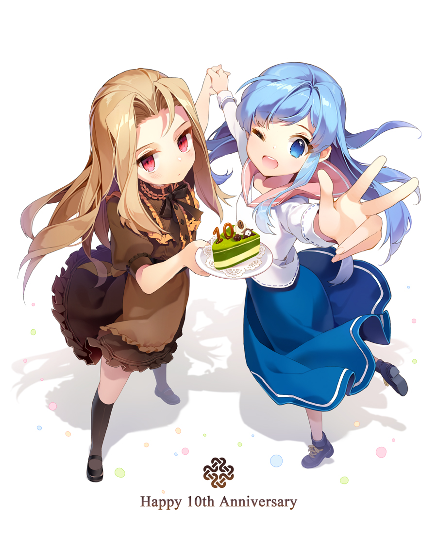 2girls anniversary black_socks blue_eyes blue_hair brown_hair cake fleta food gilse holding_hands kneehighs long_hair looking_at_viewer lorna mabinogi multiple_girls one_eye_closed open_mouth pan_(mabinogi) red_eyes sailor_collar shadow skirt socks standing standing_on_one_leg v