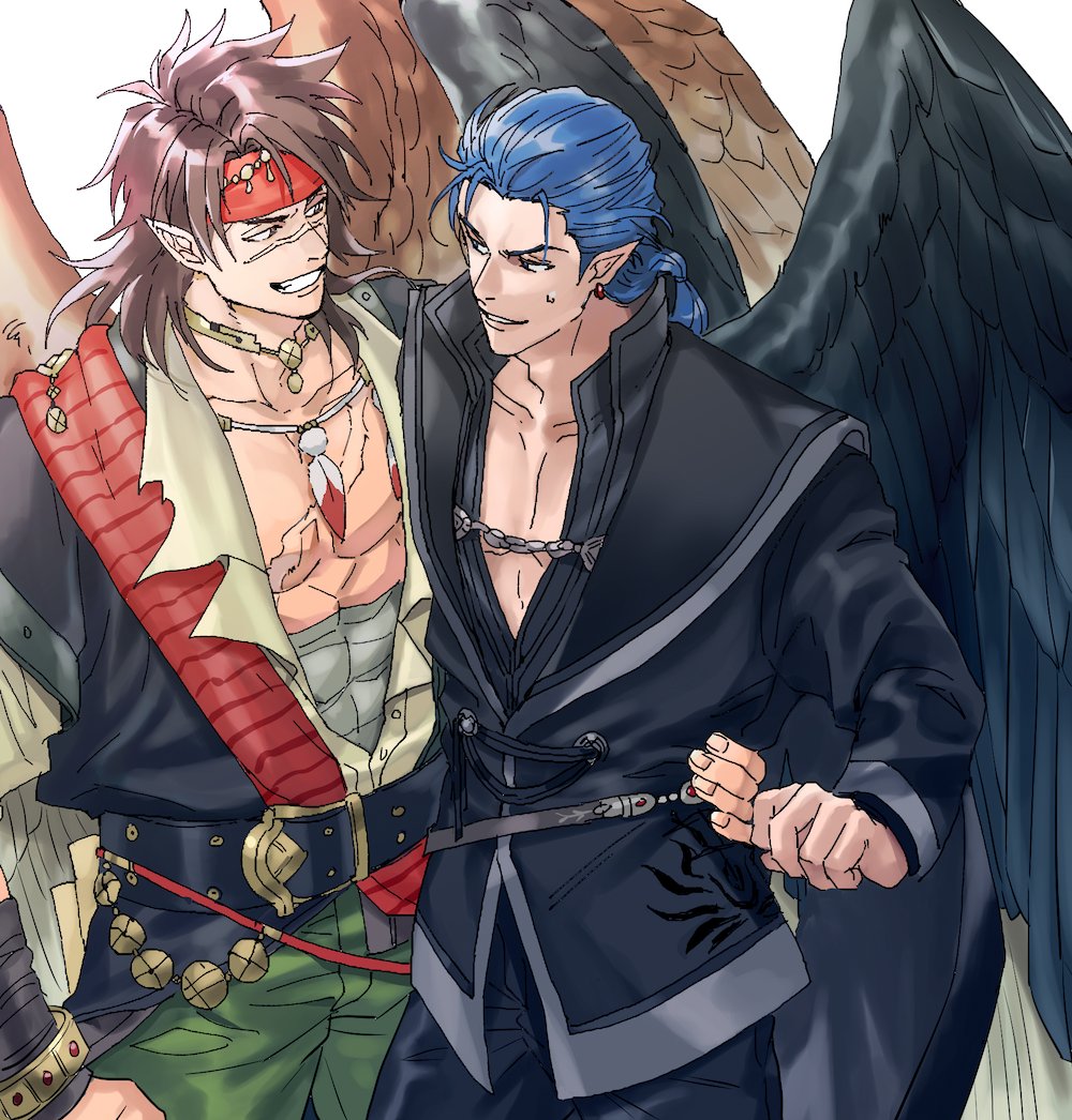 2boys 5_(femfamme) arm_around_waist bare_pectorals belt blue_hair brown_hair commentary_request earrings feather_necklace fire_emblem fire_emblem:_radiant_dawn fire_emblem_heroes headband jewelry laguz_(fire_emblem) long_hair male_focus multiple_boys naesala_(fire_emblem) necklace nintendo official_alternate_costume pectorals pointy_ears ponytail scar scar_on_chest scar_on_face simple_background smile tibarn_(fire_emblem) tibarn_(pirate)_(fire_emblem) white_background wings