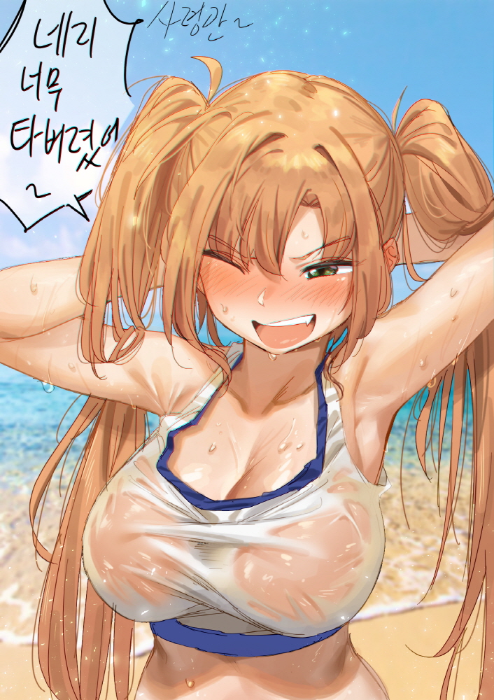 1girl arms_behind_head arms_up blush breasts crop_top day fang ichihyaku_nanajuu korean_commentary korean_text large_breasts last_origin light_brown_hair long_hair nereid_(last_origin) nose_blush ocean one_eye_closed open_mouth outdoors see-through_clothes sky solo speech_bubble sweat translation_request twintails upper_body very_long_hair