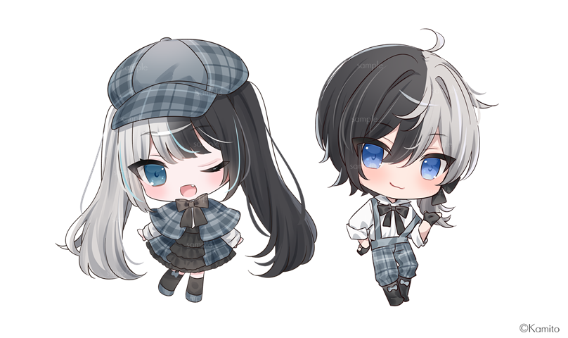 1boy 1girl ;d black_boots black_bow black_gloves black_hair black_thighhighs blue_eyes blush boots bow cabbie_hat capelet chibi closed_mouth collared_shirt dress_shirt fang fingerless_gloves garter_straps gloves grey_capelet grey_hair grey_hat grey_pants grey_shoes grey_skirt hair_between_eyes hand_in_pocket hat indie_virtual_youtuber kamito_(vtuber) lace-up_boots long_hair long_sleeves mafuyu_(chibi21) multicolored_hair official_art one_eye_closed open_mouth over-kneehighs pants plaid_capelet plaid_clothes plaid_hat plaid_pants plaid_skirt shirt shoes short_sleeves simple_background skirt smile standing standing_on_one_leg suspenders suspenders_slip thighhighs twintails two-tone_hair very_long_hair virtual_youtuber white_background white_shirt