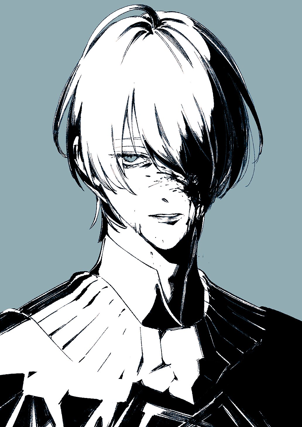 1boy armor blood blood_on_face blood_splatter blue_background male_byleth_(fire_emblem) fire_emblem fire_emblem:_three_houses gorget greyscale hair_over_one_eye highres looking_to_the_side male_focus monochrome nintendo one_eye_covered parted_lips sideways_glance simple_background solo spot_color upper_body urup_zzz