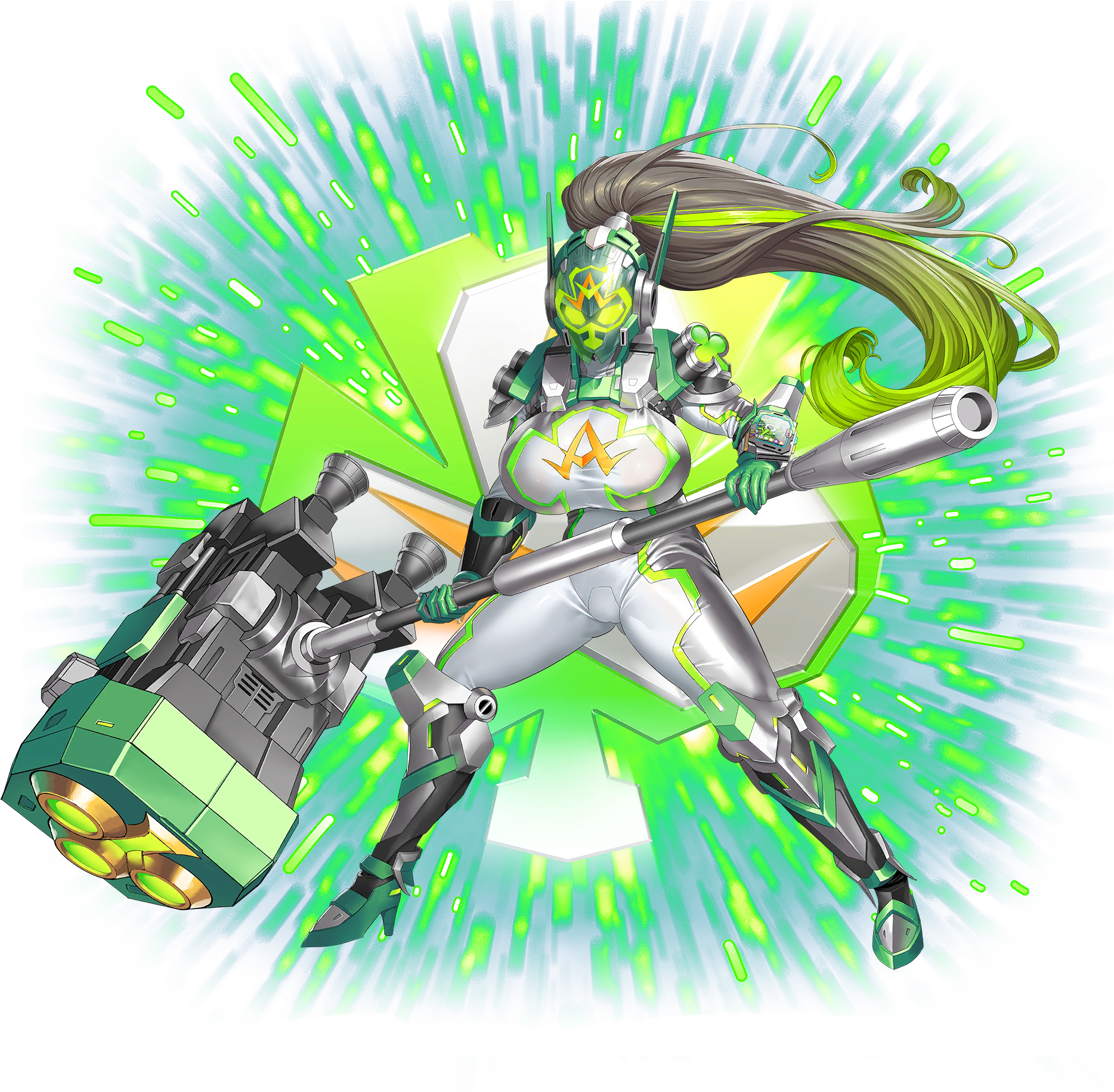 1girl arm_guards armor bodysuit boots breasts cameltoe clover clover_ace fighting_stance full_body game_cg gloves gluteal_fold green_background green_gloves green_hair grey_bodysuit grey_hair hair_ornament hammer helmet high_heel_boots high_heels highres holding holding_hammer holding_weapon huge_breasts huge_weapon large_breasts last_origin legs_apart long_hair looking_at_viewer mechanical_ears armored_boots monitor multicolored_hair obui official_art ponytail shoulder_armor solo streaked_hair transparent_background two-tone_hair weapon white_bodysuit