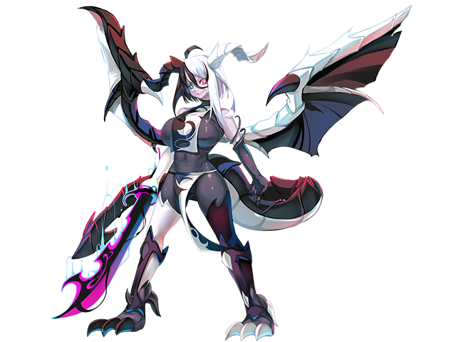 ahoge bare_shoulders black_hair black_horns black_sclera black_thighhighs bodysuit breast_curtain breasts bright_pupils clawed_feet colored_sclera colored_skin dragon_girl dragon_horns dragon_tail dragon_wings energy game_cg grin heterochromia holding holding_sword holding_weapon horns koron_(mon-musu_quest!) large_breasts mon-musu_quest! mon-musu_quest:_paradox monster_girl multicolored_hair non-web_source nose pelvic_curtain purple_eyes purple_skin red_eyes scimitar sharp_teeth shiki_(psychedelic_g2) smile split-color_hair sword tail teeth thighhighs variant_set weapon white_hair white_horns white_pupils white_thighhighs wings