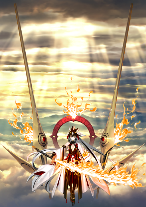 1girl armor black_gloves black_pantyhose breasts breasts_apart bright_pupils cape chinese_knot cleavage_cutout closed_mouth clothing_cutout detached_sleeves expressionless facial_mark fate/grand_order fate_(series) fire flaming_sword flaming_weapon floating_hair forehead_mark game_cg gloves hair_between_eyes halterneck high_collar holding holding_sword holding_weapon japanese_armor japanese_clothes katana long_hair long_sleeves looking_at_viewer medium_breasts multicolored_hair nagao_kagetora_(fate) official_art outstretched_arm pantyhose platform_shoes ponytail side_cape sidelocks single_bare_shoulder single_detached_sleeve solo straight-on streaked_hair sword takeuchi_takashi third-party_source toe_socks two-tone_hair uesugi_kenshin_(fate) uesugi_kenshin_(third_ascension)_(fate) variant_set very_long_hair weapon white_cape white_pupils white_sleeves wide_shot yellow_eyes