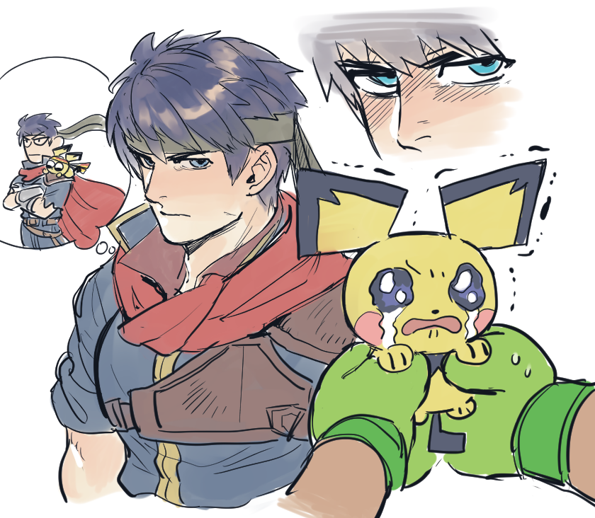 1boy blue_eyes blue_hair boxing_gloves cape commentary creatures_(company) crying dancho_no_mori fire_emblem fire_emblem:_path_of_radiance game_freak gen_2_pokemon headband holding holding_pokemon ike_(fire_emblem) image_in_thought_bubble little_mac male_focus nintendo pichu pokemon pokemon_(creature) punch-out!! red_cape short_hair speech_bubble super_smash_bros. thought_bubble