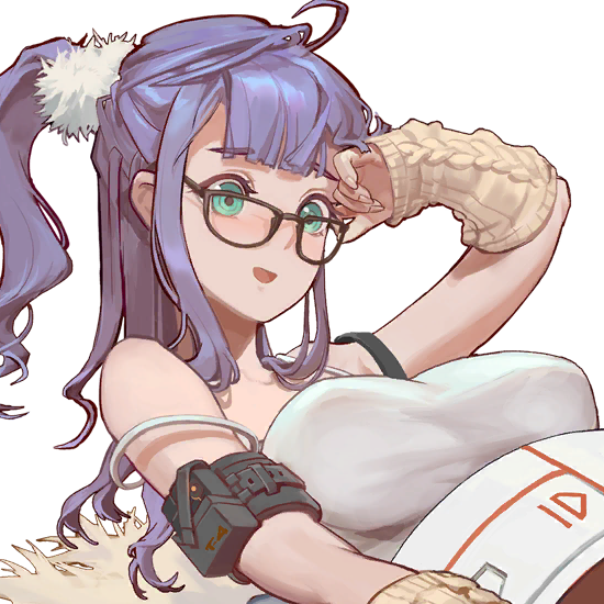 1girl adjusting_hair aqua_eyes arm_pouch arm_warmers bare_shoulders blunt_bangs breasts camisole female_focus game_cg glasses gremlin_(last_origin) hair_ornament hair_over_shoulder hair_tuft large_breasts last_origin long_hair off_shoulder official_art one_side_up open_mouth ponytail purple_hair rorobomb side_ponytail sleeveless transparent_background upper_body