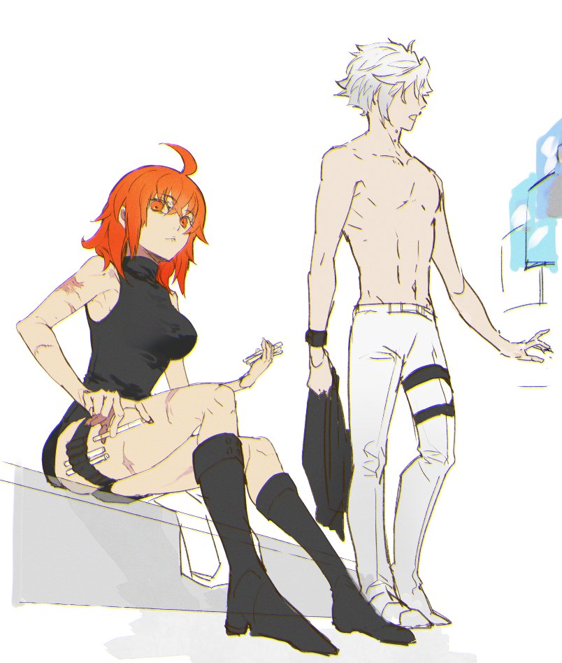 1boy 1girl ahoge black_footwear black_shirt boots breasts fate/grand_order fate_(series) fujimaru_ritsuka_(female) full_body hanako_(onikutabetaiyo) holster kadoc_zemlupus large_breasts looking_at_viewer medium_hair multiple_scars no_eyes orange_eyes orange_hair pants scar serious shirt short_hair simple_background sitting sketch sleeveless sleeveless_turtleneck solo_focus thigh_holster topless_male turtleneck white_background white_hair white_pants