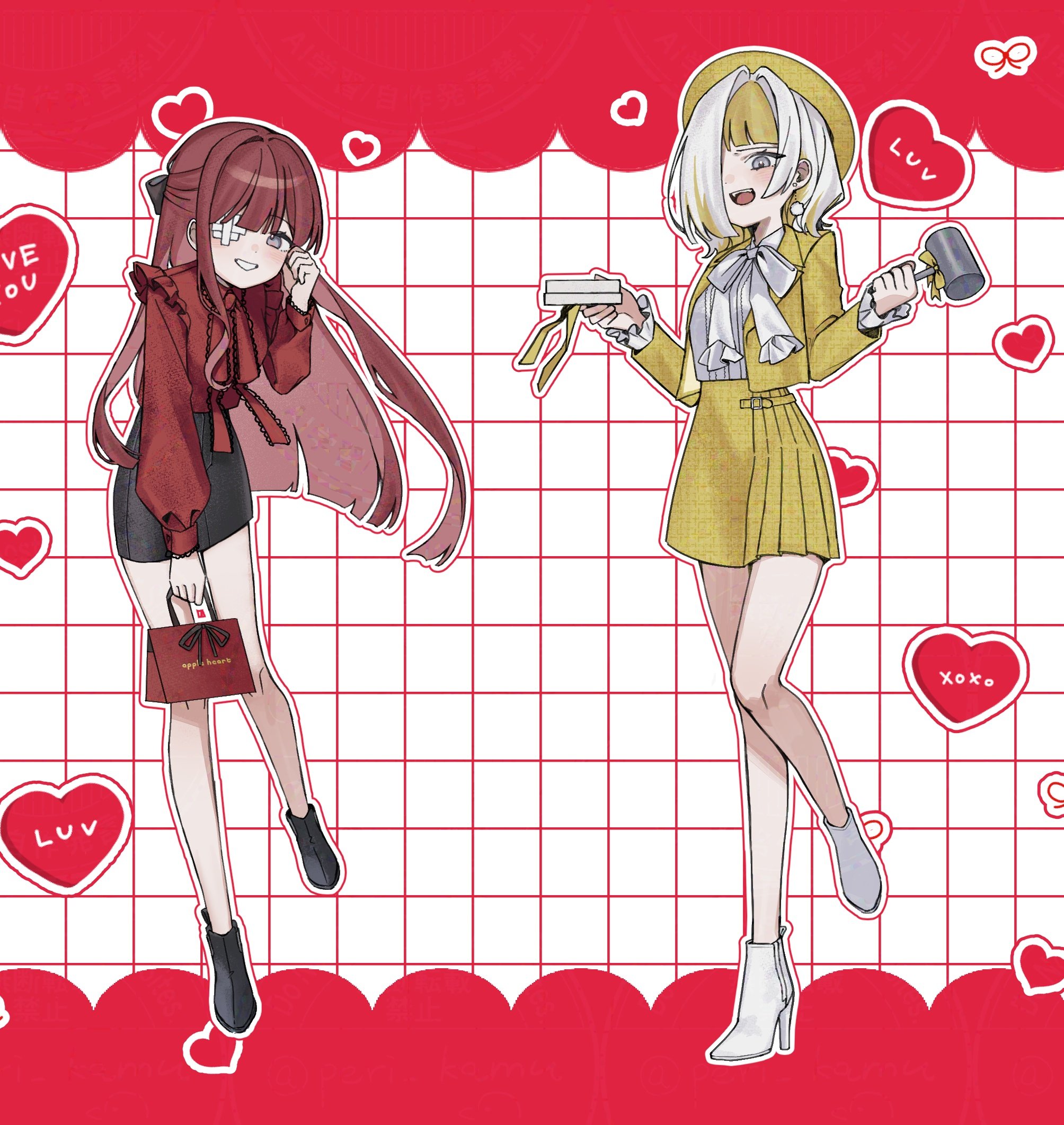 2girls :d alternate_costume ankle_boots bag bandage_over_one_eye beret black_boots black_bow black_skirt blonde_hair boots bow earrings full_body grey_eyes grid_background grin hair_bow hair_over_one_eye hat high_heel_boots high_heels highres hiperika holding holding_bag jacket jewelry kromer_(project_moon) leg_up limbus_company long_hair medium_hair multicolored_hair multiple_girls open_mouth pencil_skirt project_moon red_background red_hair red_shirt shirt skirt smile two-tone_background two-tone_hair white_background white_boots white_hair white_shirt yellow_hat yellow_jacket yellow_skirt yuri_(project_moon)
