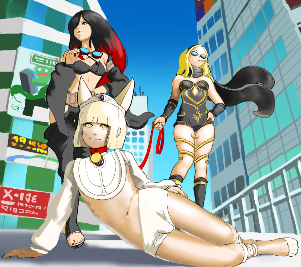 1boy 2girls animal_collar animal_ears bulge city collar crow_(gravity_daze) dark_skin femdom gravity_daze north_kaiou kitten_(gravity_daze) multiple_girls nail_polish necrolepsy pet_play sky standing sunglasses trap white_hair yellow_eyes