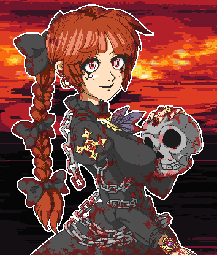 1girl aksawshin blood blood_on_clothes braid braided_ponytail breasts chain commentary dress english_commentary eyebrows_hidden_by_hair freckles from_side grey_dress hair_ribbon holding holding_skull juliet_sleeves large_breasts long_sleeves multi-tied_hair original outline pixel_art puffy_sleeves red_eyes red_hair ribbon skull solo tress_ribbon upper_body white_outline