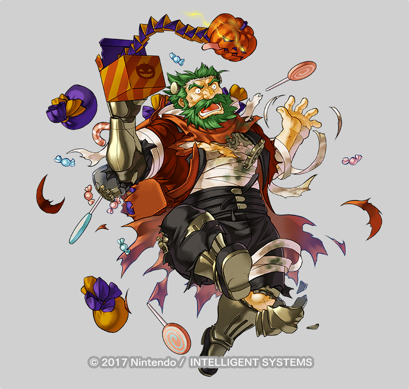 1boy alternate_costume armored_boots bag bandages beard boots bow candy dozla_(fire_emblem) dozla_(halloween)_(fire_emblem) facial_hair fire_emblem fire_emblem:_the_sacred_stones fire_emblem_heroes food full_body glowing glowing_eyes green_eyes green_facial_hair green_hair grey_background halloween_costume kita_senri male_focus mustache nintendo official_art open_mouth pumpkin scar solo teeth torn_clothes