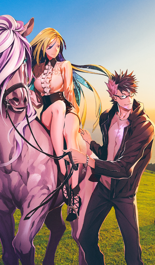 1boy 1girl animal black_boots black_hair black_jacket black_pants black_shorts blue_sky boots bracelet breasts brynhild_(fate) brynhild_(under_the_same_sky)_(fate) buttons center_frills closed_mouth colored_inner_hair commentary day fate/grand_order fate_(series) feet_out_of_frame floating_hair frills glasses grass green_hair hair_between_eyes high-waist_shorts holding holding_reins horse husband_and_wife jacket jewelry long_hair long_sleeves looking_to_the_side medium_breasts miwa_shirow multicolored_hair nature official_art open_clothes open_jacket outdoors pants photo_background reins semi-rimless_eyewear shirt short_hair shorts sidesaddle sigurd_(fate) sigurd_(under_the_same_sky)_(fate) sitting sky smile spiked_hair standing sunlight third-party_source two-tone_hair under-rim_eyewear very_long_hair white_hair white_shirt wing_collar zipper