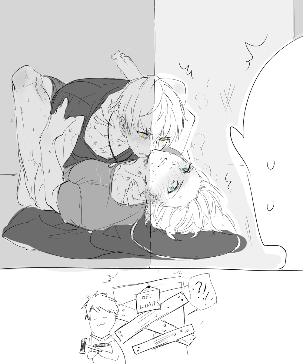 !? 3boys :3 ^^^ arthur_pendragon_(fate) arthur_pendragon_alter_(fate) bite_mark blue_eyes blush closed_eyes closed_mouth collarbone door dual_persona english_text fate/grand_order fate/prototype fate_(series) fingernails greyscale hair_between_eyes hammer hand_on_another&#039;s_neck hickey highres huffing jewelry looking_at_another lying male_focus monochrome multiple_boys necklace on_back pvc_parfait selfcest shirt short_hair short_sleeves shorts sign simple_background smile sweat t-shirt teeth v-shaped_eyebrows yaoi yellow_eyes