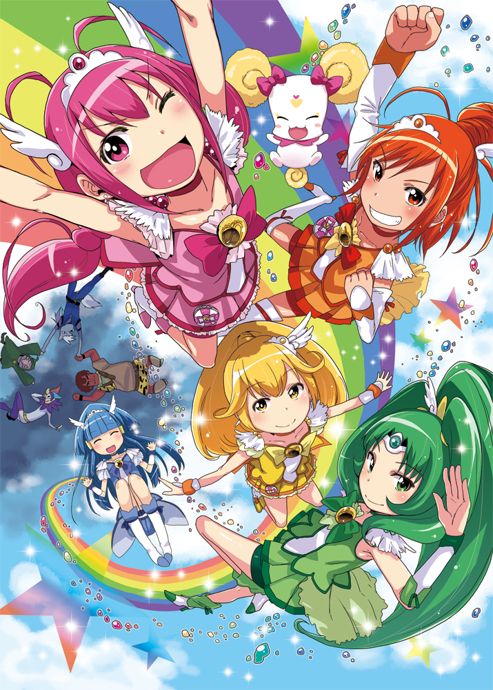 10s 3boys 6+girls akaooni alexa_mahone aoki_reika bad_id bad_pixiv_id bike_shorts blue_hair blue_skirt boots bow candy_(smile_precure!) choker cure_beauty cure_happy cure_march cure_peace cure_sunny green_shorts green_skirt hair_flaps hair_ornament hair_tubes head_wings hino_akane_(smile_precure!) hoshizora_miyuki joker_(smile_precure!) kise_yayoi long_hair looking_at_viewer magical_girl majorina midorikawa_nao multiple_boys multiple_girls open_mouth orange_eyes orange_hair orange_skirt pink_eyes pink_hair pink_skirt precure rainbow ribbon short_hair shorts shorts_under_skirt skirt smile smile_precure! tiara twintails wings wolfrun wrist_cuffs yellow_bow yellow_eyes yellow_skirt