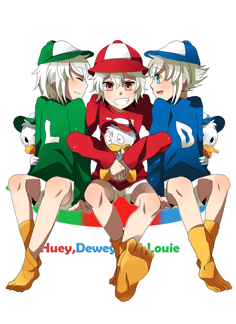 3boys blue_shirt dewey_duck ducktales hat holding huey_duck humanization looking_at_another louie_duck male_focus mickey_mouse_&amp;_friends multiple_boys open_mouth personification red_shirt shirt simple_background smile trudy0816