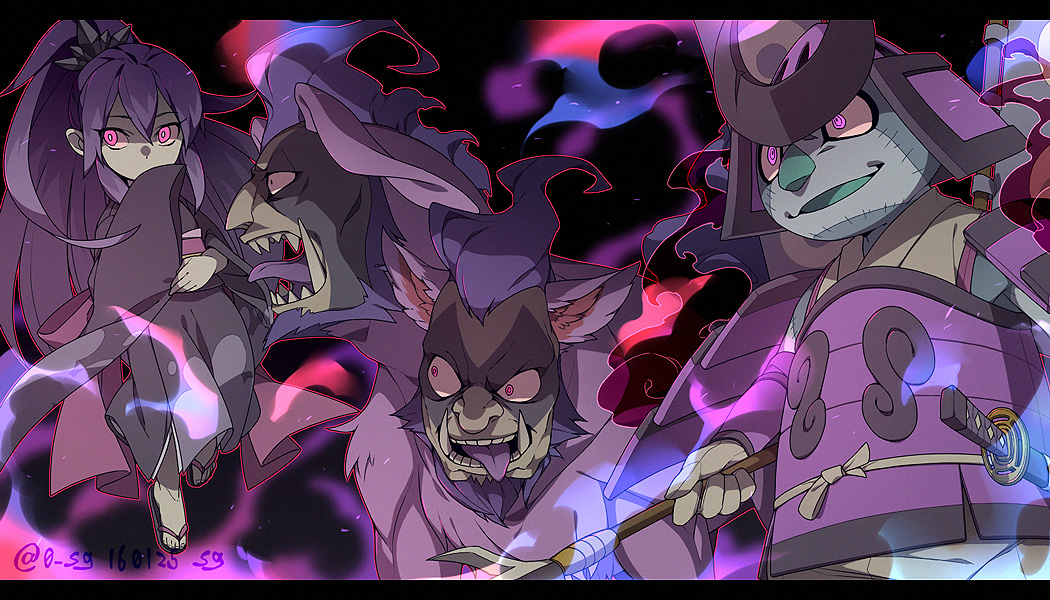 10s 1girl 2boys armor artist_name banner colored_tongue dated dog helmet high_ponytail hyakkihime japanese_armor japanese_clothes kabuto_(helmet) katana kimono letterboxed long_hair multiple_boys multiple_heads no_socks open_mouth pink_eyes polearm ponytail purple_hair purple_tongue sandals sanzu_no_inu sashimono sg_(suuchan) sharp_teeth sheath sheathed shoulder_armor sode spear sword teeth tongue traditional_youkai twitter_username weapon yomi_gensui youkai_watch zouri