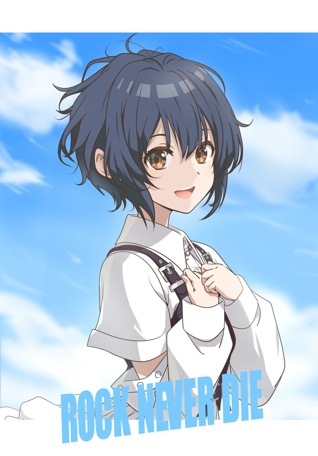1girl 22/7 :d black_hair bodice brown_eyes collared_dress dress from_side hair_between_eyes hands_on_own_chest highres letterboxed long_sleeves looking_at_viewer looking_to_the_side matsubokkurin227 open_mouth outdoors rock_wa_shinanai short_hair smile solo song_name takigawa_miu teeth upper_body upper_teeth_only white_dress
