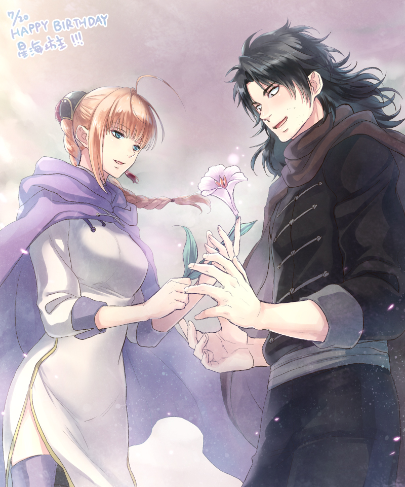 1boy 1girl ahoge black_hair black_jacket black_pants blue_eyes boots braid braided_ponytail brown_hair china_dress chinese_clothes da_raku dress flower gintama hair_ornament holding holding_flower jacket kouka_(gintama) long_hair long_sleeves open_mouth outdoors pants purple_footwear side_slit single_braid thigh_boots thighhighs umibouzu_(gintama) white_dress white_flower