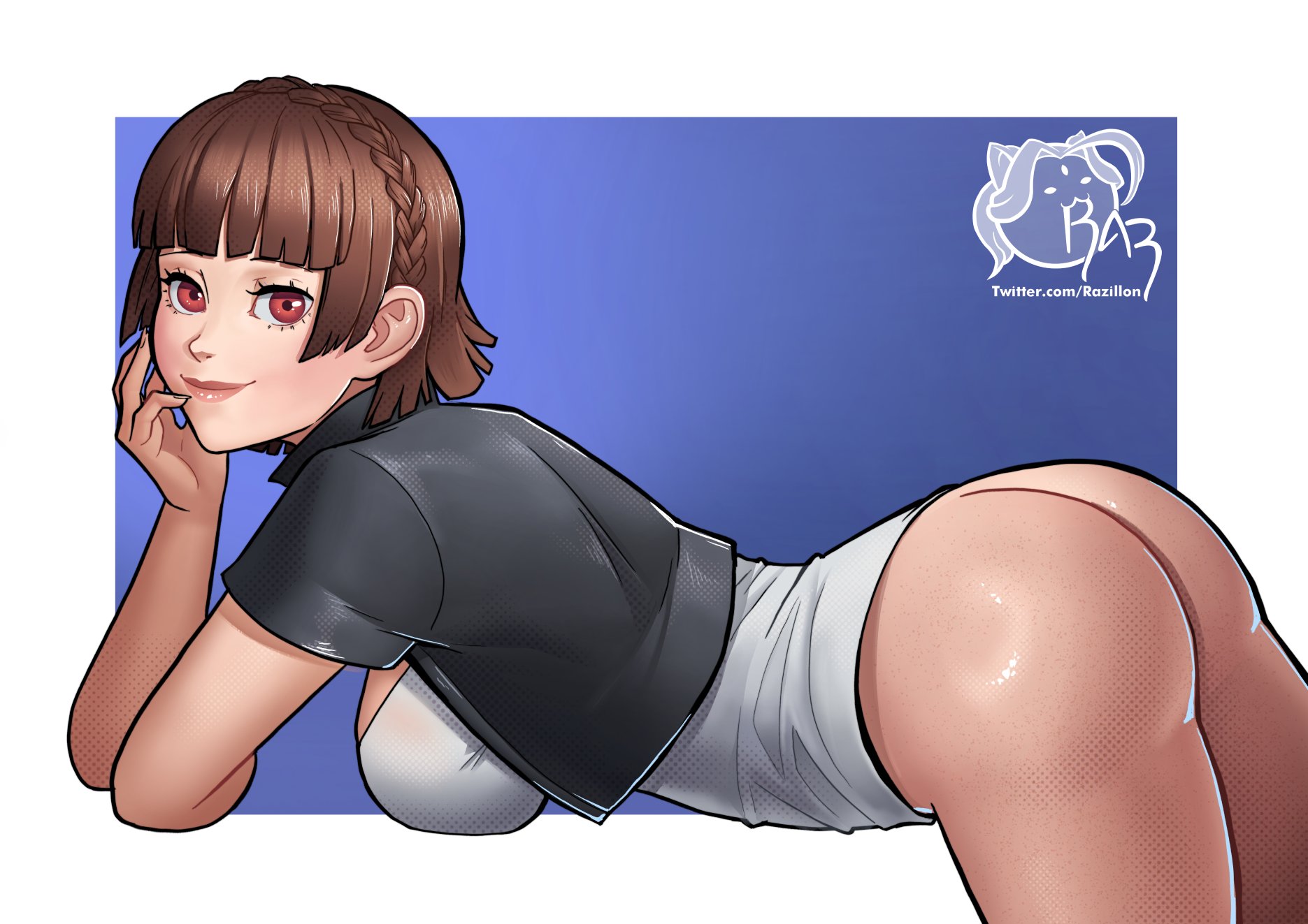 1girl artist_name ass black_jacket bottomless braid breasts brown_eyes brown_hair crown_braid hand_on_own_face highres jacket large_breasts looking_at_viewer niijima_makoto persona persona_5 persona_5_scramble:_the_phantom_strikers razillon shirt short_hair smile thighs white_shirt