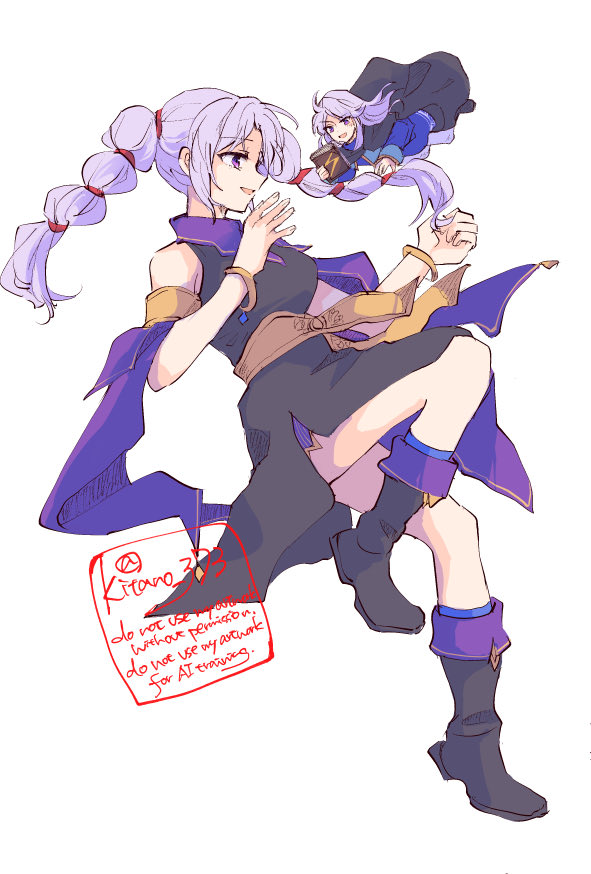 1boy 1girl arthur_(fire_emblem:_genealogy_of_the_holy_war) artist_name black_boots black_dress black_robe book boots breasts brother_and_sister commentary_request dress fire_emblem fire_emblem:_genealogy_of_the_holy_war holding holding_book kitano_373 lightning_bolt_symbol long_hair medium_breasts mini_person miniboy multi-tied_hair nintendo open_mouth purple_eyes purple_hair robe siblings simple_background smile solo_focus tine_(fire_emblem) twintails watermark white_background