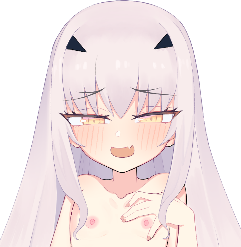 1girl blush breasts collarbone completely_nude fate/grand_order fate_(series) forked_eyebrows kunabishi long_hair looking_at_viewer melusine_(fate) nipples nude open_mouth sidelocks small_breasts smile solo white_hair yellow_eyes