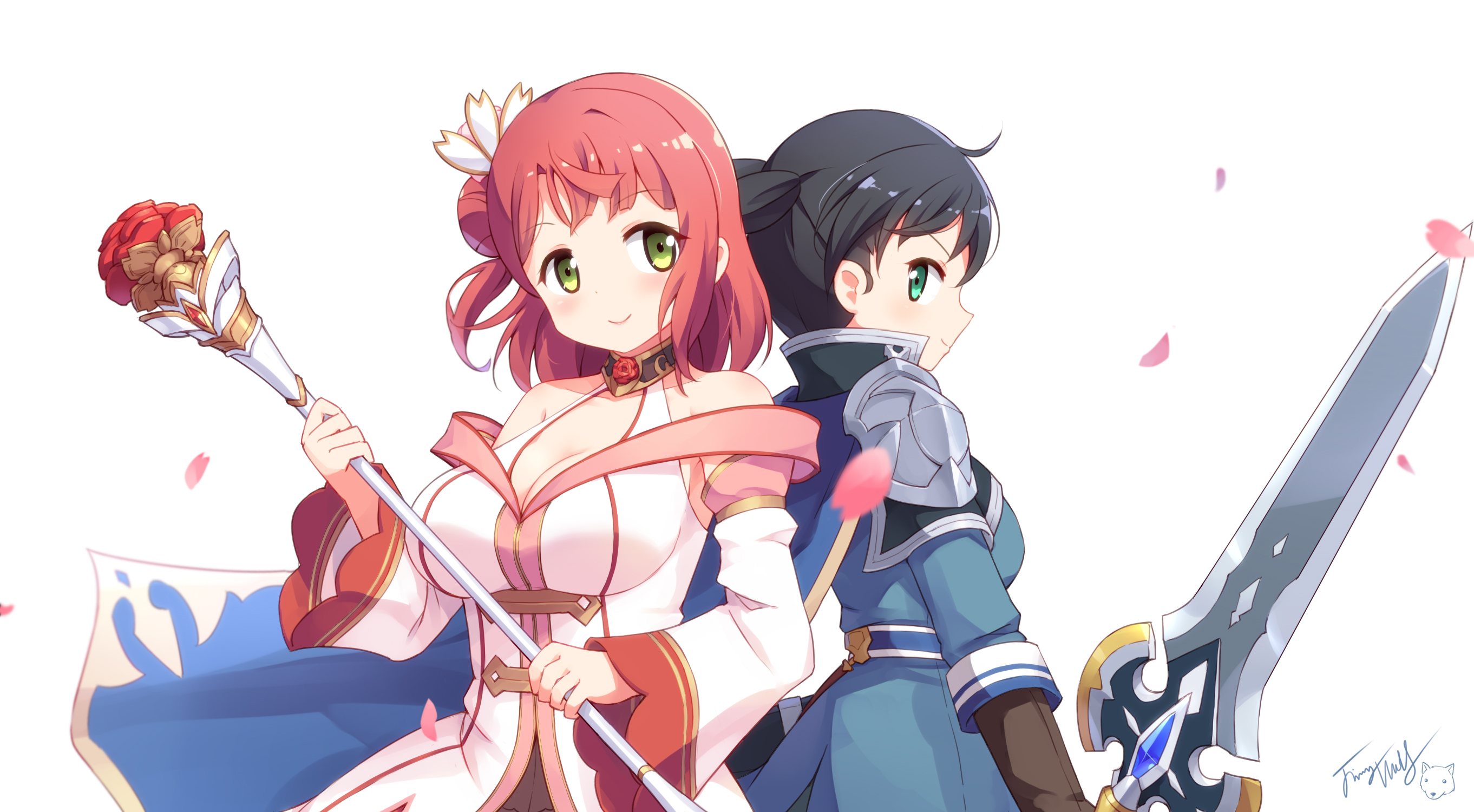 2girls armor back-to-back bare_shoulders black_hair blue_cape blue_jacket breasts brown_gloves cape cleavage closed_mouth cosplay detached_sleeves dress gloves green_eyes hair_bun highres holding holding_staff holding_sword holding_weapon jacket langbazi long_sleeves love_live! love_live!_nijigasaki_high_school_idol_club medium_breasts multiple_girls one_side_up pauldrons petals princess_connect! red_hair shoulder_armor side_bun simple_background single_hair_bun single_side_bun smile staff sword takasaki_yu twintails uehara_ayumu weapon white_background white_dress white_sleeves wide_sleeves yui_(princess_connect!) yui_(princess_connect!)_(cosplay) yuuki_(princess_connect!) yuuki_(princess_connect!)_(cosplay)