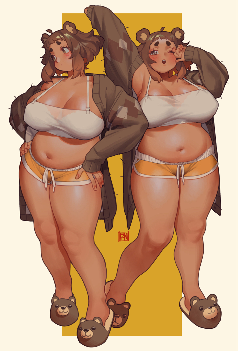 1girl animal_ears animal_slippers arm_up breasts brown_hair closed_mouth full_body highres kumako_(poch4n) large_breasts long_sleeves medium_hair multiple_views navel open_mouth original outstretched_arm poch4n short_eyebrows short_shorts shorts slippers standing thick_eyebrows thick_thighs thighs yellow_background yellow_shorts