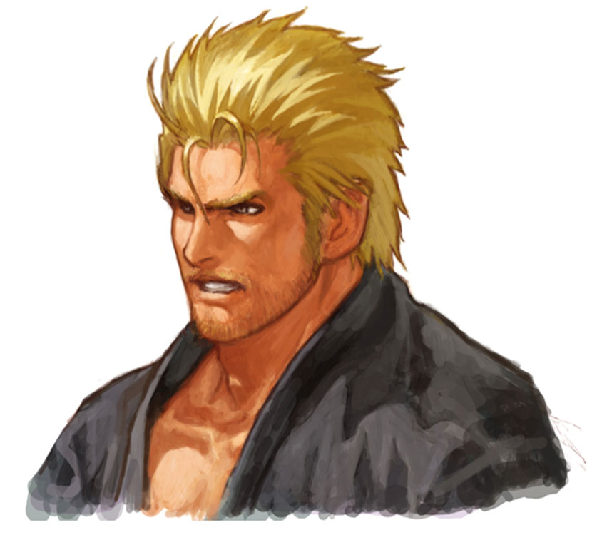 1boy alternate_costume beard blonde_hair brown_eyes colored_eyelashes dougi facial_hair karate_gi looking_to_the_side male_focus mature_male mr._karate_ii muscular muscular_male neo_geo_battle_coliseum official_art ogura_eisuke open_mouth portrait ryou_sakazaki ryuuko_no_ken short_hair sideburns simple_background snk solo teeth white_background