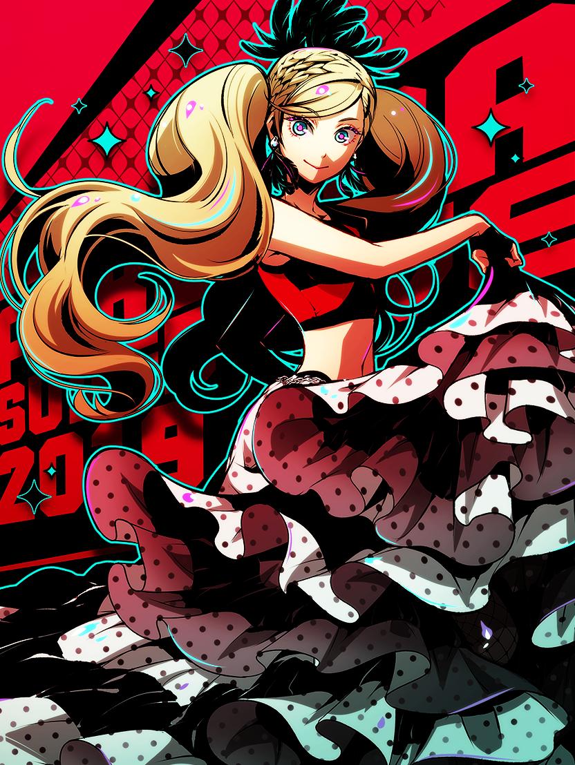 1girl 2019 alternate_costume black_feathers blonde_hair blue_eyes braid commentary_request crop_top dancing earrings feather_earrings feather_hair_ornament feathers female_focus flamenco flamenco_dress french_braid hair_ornament jewelry jpeg_artifacts long_hair looking_at_viewer multicolored_eyes outline padda_b24 persona persona_5 persona_super_live pink_eyes red_background solo swept_bangs takamaki_anne twintails