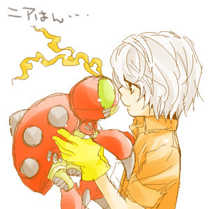 00s 1boy antennae bug claws cosplay crossover death_note digimon digimon_(creature) digimon_adventure gloves green_eyes izumi_koshiro_(cosplay) izumi_koshiro lowres male_focus near_(death_note) orange_shirt shirt short_hair solo tentomon what white_hair