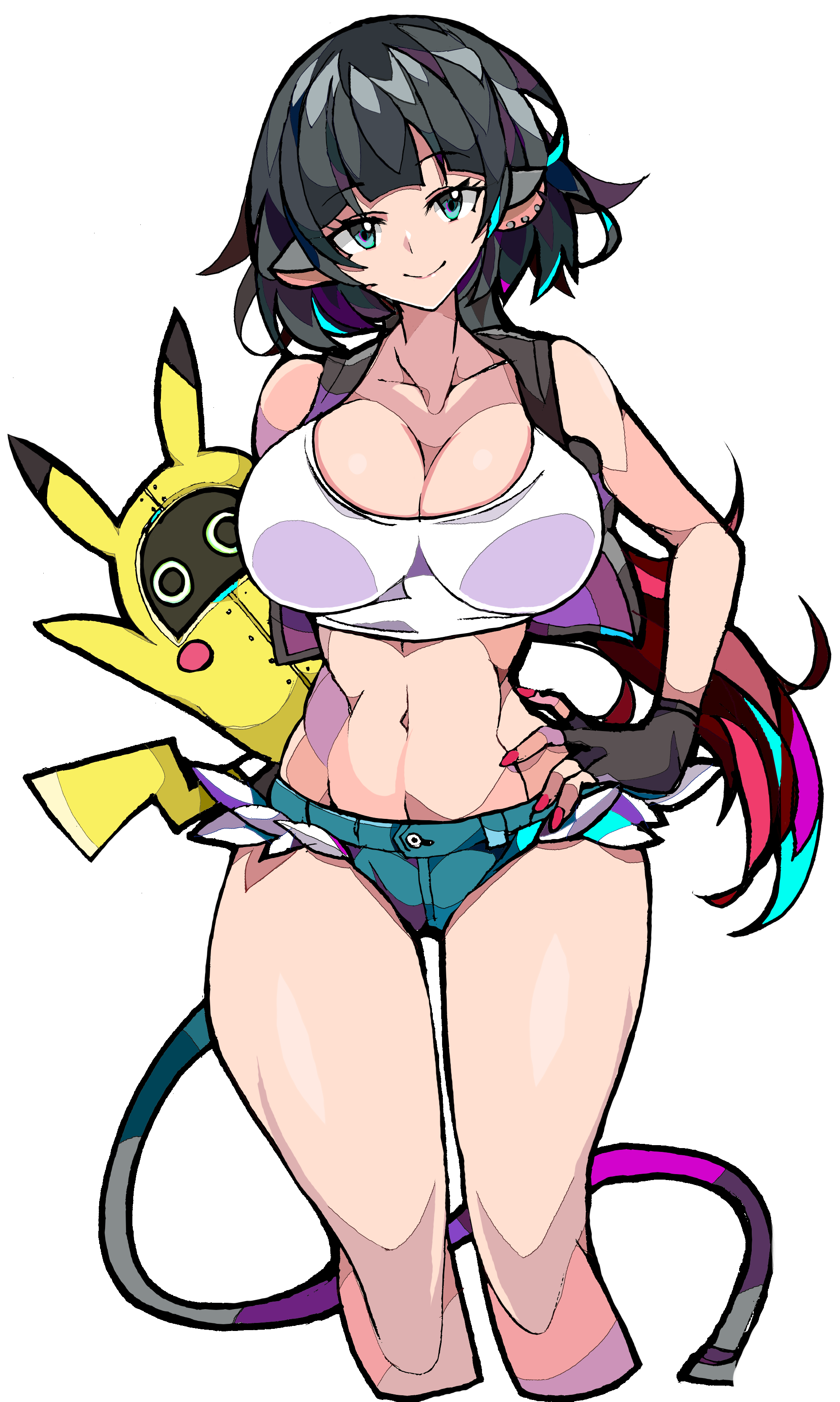 1girl absurdres animal_ears bangboo_(zenless_zone_zero) bare_shoulders black_hair black_vest blue_shorts breasts cleavage commentary_request cosplay cropped_shirt cutoffs denim denim_shorts enpe gen_1_pokemon gradient_hair grey_eyes highres hilda_(pokemon) hilda_(pokemon)_(cosplay) jane_doe_(zenless_zone_zero) large_breasts long_hair looking_at_viewer micro_shorts mouse_ears mouse_girl mouse_tail multicolored_hair navel nintendo pikachu pikachu_(cosplay) pokemon pokemon_bw red_hair shorts smile tail tank_top thighs vest white_tank_top wristband zenless_zone_zero