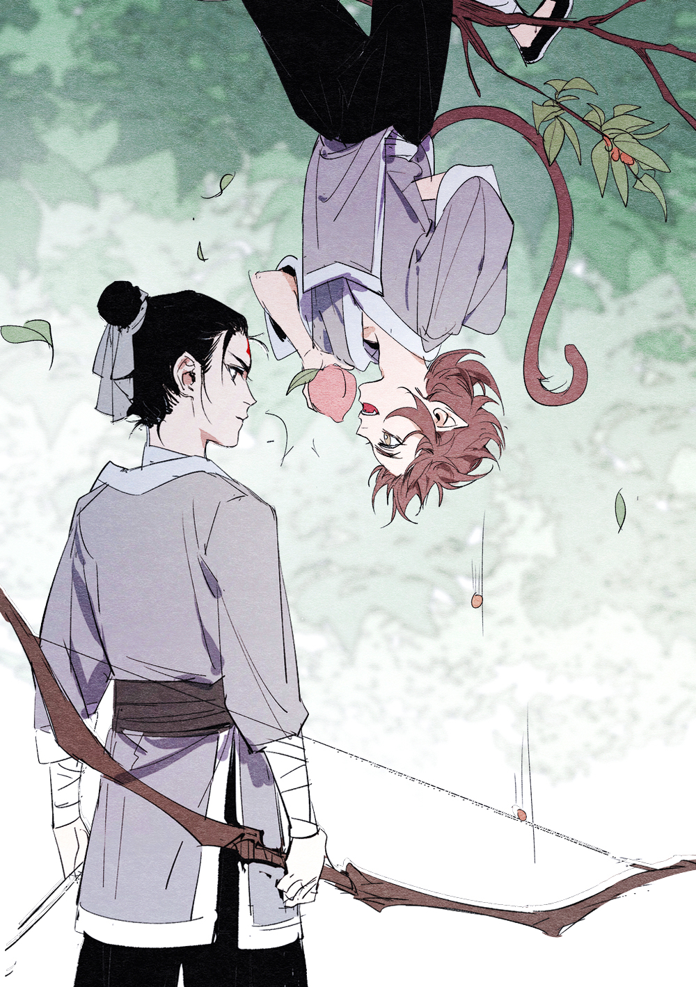 21_shiji_qujing_lu 2boys arm_wrap arms_at_sides bandages black_hair bow_(weapon) branch brown_hair closed_mouth day dropping eye_contact facial_mark flats food forehead_mark fruit grey_robe hair_pulled_back hand_in_pocket hanging_from_tree highres holding holding_bow_(weapon) holding_food holding_fruit holding_weapon leaf leg_wrap looking_at_another male_focus monkey_tail multiple_boys nature open_mouth outdoors pants pointy_ears profile robe sash short_hair standing sun_wukong tail updo upside-down weapon xiandao1213 yang_jian_(journey_to_the_west)