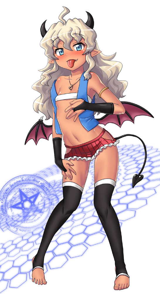 1girl ahoge armlet bandeau black_thighhighs blonde_hair blue_eyes blue_vest breasts bridal_gauntlets commentary_request demon_girl demon_horns demon_tail demon_wings fang full_body hase_yu heart heart_necklace horns jewelry microskirt navel necklace original pleated_skirt pointy_ears revealing_clothes side_slit skirt small_breasts solo tail thighhighs toeless_footwear tongue tongue_out vest wavy_hair white_bandeau wings