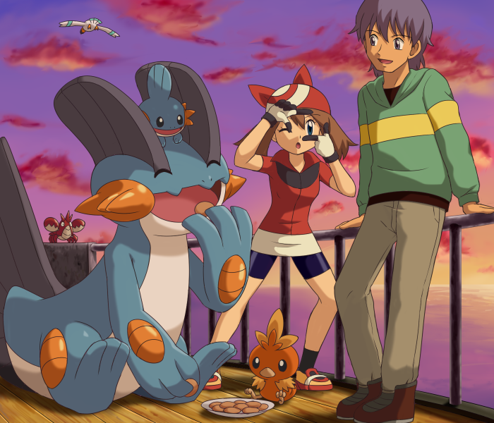 1boy 1girl ;o ^_^ against_railing bandana bike_shorts black_shirt blouse blue_eyes boat brown_hair closed_eyes cloud cookie corphish eating finger_frame food gen_3_pokemon gloves hair_between_eyes hand_gesture headscarf jacket leaning_to_the_side lizabeth_(pokemon) long_sleeves looking_at_another may_(pokemon) miniskirt mudkip nintendo official_style on_head one_eye_closed open_mouth outdoors pencil_skirt plate pokemoa pokemon pokemon_(anime) pokemon_(creature) pokemon_on_head pokemon_rse_(anime) purple_hair purple_sky railing red_bandana red_jacket red_shirt shirt short_sleeves sitting skirt sky smile socks standing sunset swampert sweater torchic twilight watercraft wingull wooden_floor