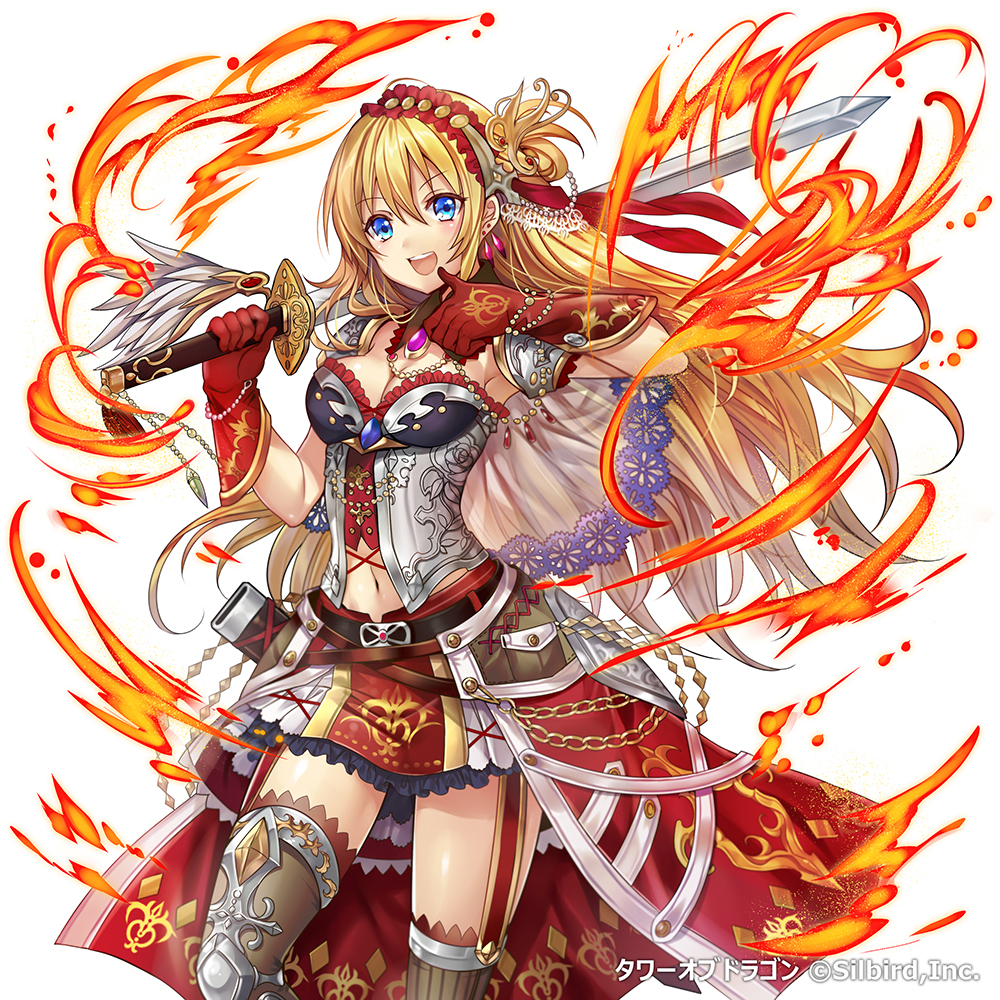 armor bikini_armor blonde_hair blue_hair fire gloves headdress jewelry long_hair looking_at_viewer madogawa necklace official_art original skirt smile solo sword tower_of_dragon weapon