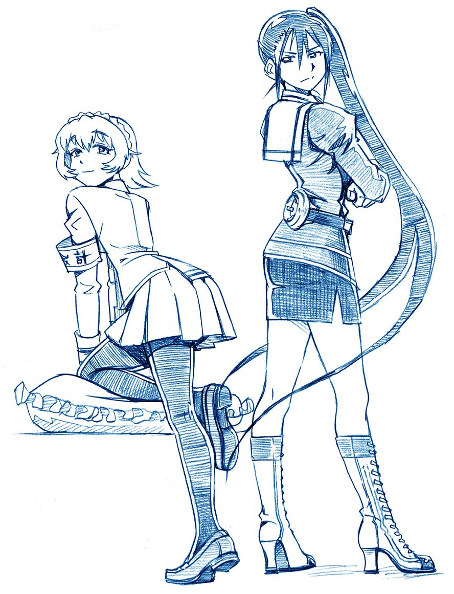 10s 2girls aoki_hagane_no_arpeggio bbb_(friskuser) blue_theme boots commentary_request crossed_arms crossover from_behind kantai_collection lace-up_boots long_hair monochrome multiple_girls nachi_(aoki_hagane_no_arpeggio) nachi_(kancolle) name_connection pantyhose pillow revision school_uniform short_hair side_ponytail simple_background very_long_hair white_background