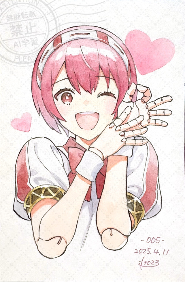 1girl ;d android bow bowtie cropped_torso dated doll_joints dorothy_haze hairband heart ito_fumi joints looking_at_viewer money_gesture one_eye_closed open_mouth own_hands_together pink_eyes pink_hair puffy_sleeves red_bow short_hair signature smile va-11_hall-a
