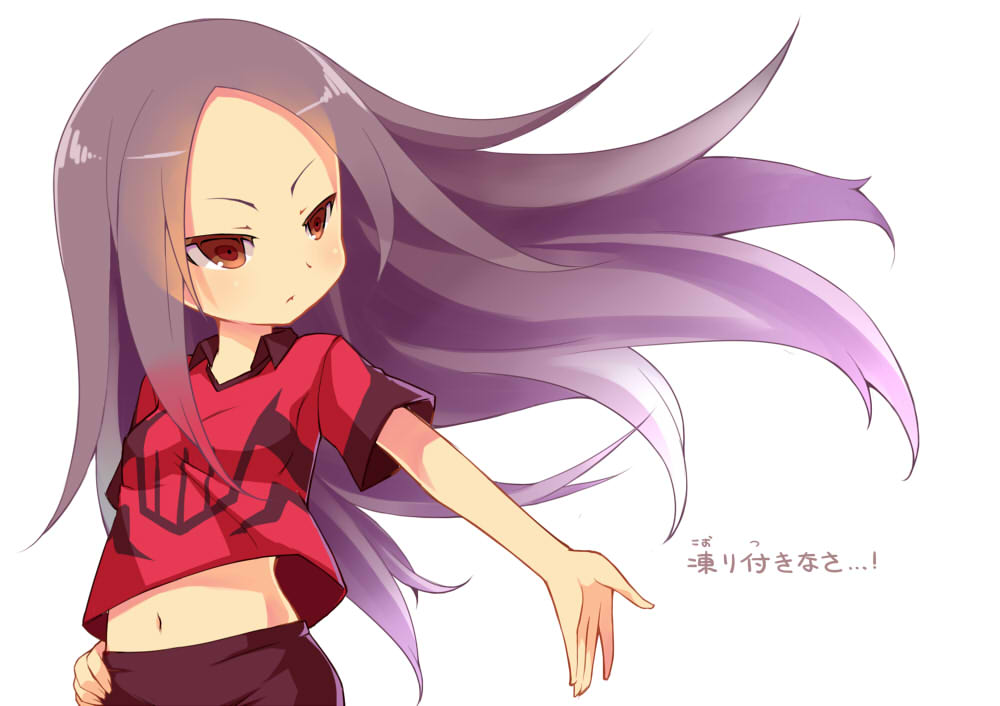 1girl inazuma_eleven inazuma_eleven_(series) long_hair midriff navel purple_eyes purple_hair saru soccer_uniform sportswear touchi_ai