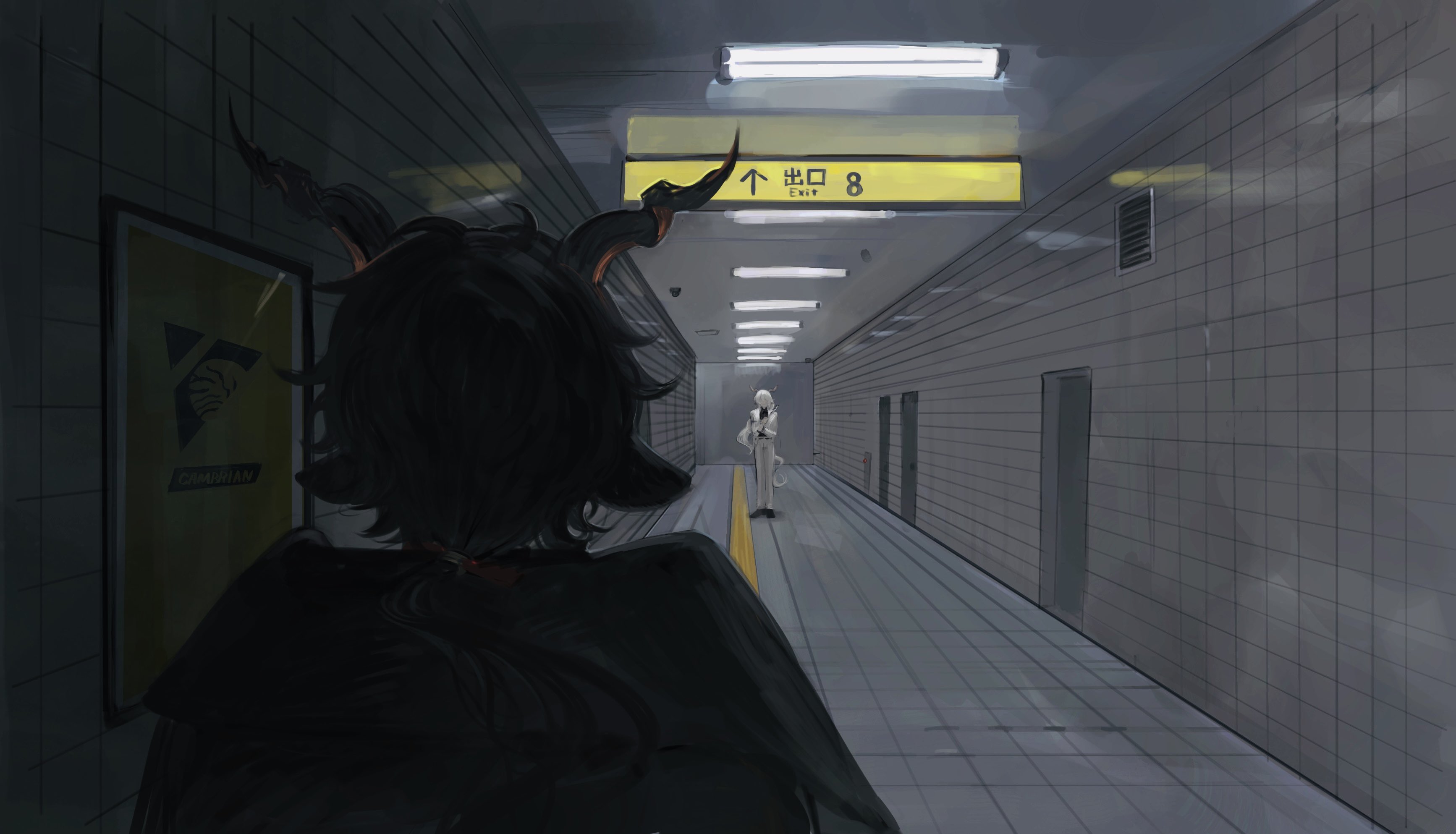 2boys absurdres arknights black_hair ceiling_light door ebenholz_(arknights) exit_sign from_behind goat_boy goat_horns hallway highres horns indoors kreide_(arknights) long_hair low_ponytail male_focus multiple_boys parody ponytail poster_(object) standing the_exit_8 tile_floor tile_wall tiles vent_(object) white_hair yomotobi